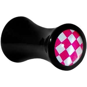   Gauge Black Acrylic Pink and White Checkerboard Saddle Plug Jewelry
