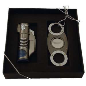 Gunmetal Triple Torch Blue Glow Lighter & Matching Round Cigar Cutter 