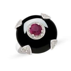   14 3/4 Carat Black Agate, Ruby & Diamond Sterling Silver Ring Jewelry