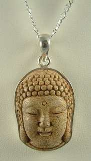 Jasper Carved Buddha Head Pendant w 925 Silver Necklace  