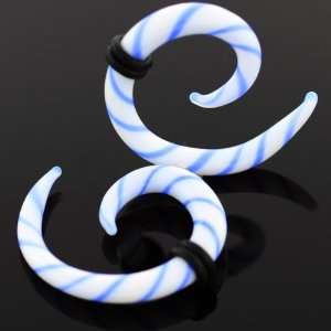    Pair 4 Gauge   White & Blue Swirl Pyrex Spiral Plugs Jewelry