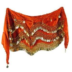 Belly Dancing Hip Scarf with Golden Coins   Red (Velvet)