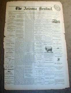Rare ORIGINAL 1876 Yuma ARIZONA TERRITORY newspaper ARIZONA SENTINEL 
