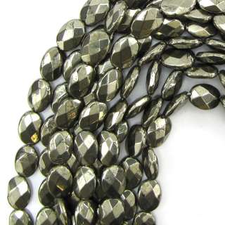 14mm faceted gold pyrite flat oval beads 7.5 strand  