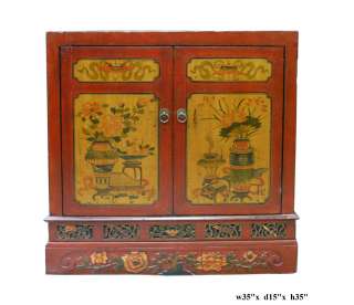 Chinese Red Floral Paint Carved Chest Cabinet s1487  