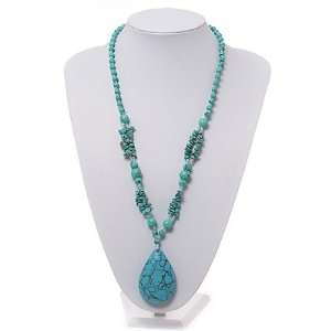    Long Turquoise Bead Medallion Necklace   70cm Length Jewelry