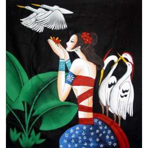  Chinese Art Hand Painting Batik Tapestry Birds Girl 