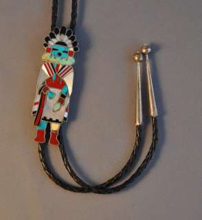 BEAUTIFUL INLAID STERLING SILVER BOLO TIE   KACHINA   TURQUOISE 