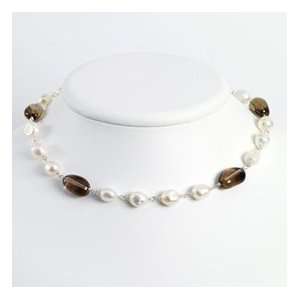 Sterling White Cult. Pearl Smokey Quartz Necklace   16 Inch   Lobster 