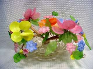 Antique Czech Leaded Glass Bowl with Glass Flowers and Leaves Center 