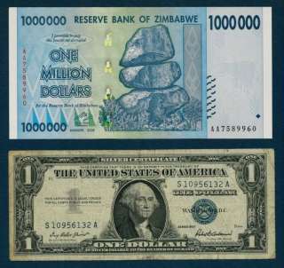 MILLION ZIMBABWE DOLLARS + 1$ U.S. SILVER CERTIFICATE  