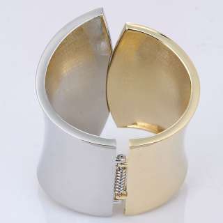golden yellow silver white plated geometric wide chunky cuff stretchy 