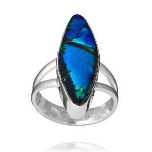   Dichroic Glass Bezel Set Green and Blue Almond Shaped Ring, Size 7