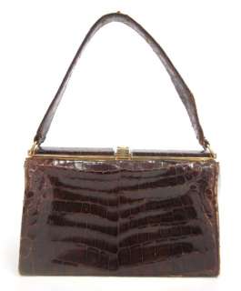 DESIGNER Brown Vintage Croc Metal Frame Satchel Handbag  