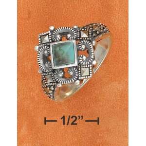   STERLING SILVER DIAMOND TURQUOISE WITH MARCASITE CHIPS SCROLL RING
