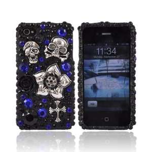  For Apple iPhone 4 Bling Case Skulls Flower Blue Black 