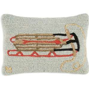 Holiday Winter Sled Hooked Decorative Pillow. 
