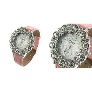   Round Crystal Style Ladies Girls Leatherette Wrist Watches Pink Band