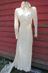 1920S SHEER LACE ILLUSION HIGH COLLAR WEDDING GOWN