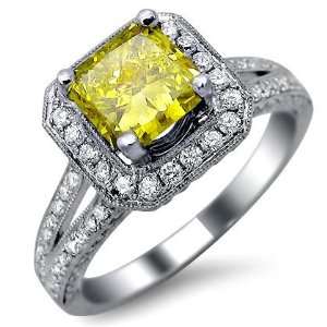   16ct Canary Yellow Cushion Cut Diamond Engagement Ring 18k White Gold