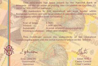 500,000 uncut sheet of 4 plastic banknotes 2000 Romania  