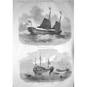 1857 WAR CHINA CHINESE MODERN JUNK SHIPS OLD PRINT 