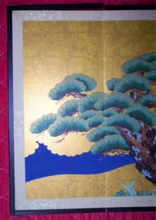 Beautiful Four Panel Japanese Table Screen with Eagle on Branch  