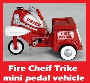 Mini FIRE CHIEF TRIKE BIKE toy PEDAL VEHICLE METAL COLLECTIBLE XONEX 
