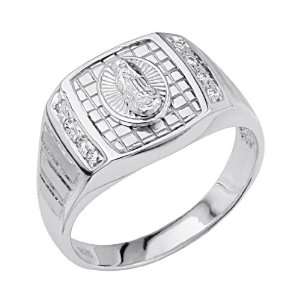  .925 Sterling Silver CZ Lady Guadalupe Waffled Mens Ring 