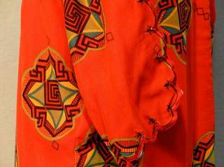 Vintage Orange Cotton Indian? Print Caftan/Scalloped Sleeves Med 