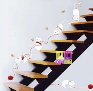 White Cats Playing Woolen Yarn Wall Room Door Stairs Print Decals 