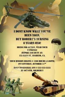 Army Camo camouflage Armed forces tank birthday party invitation favor 