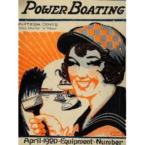 1920 Cover Power Boating April Woman Paintbrush Hat   Original Print 