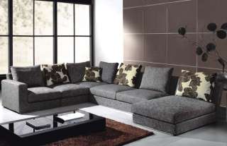 Contemporary Grey Fabric Sectional Sofa w Chaise and Pillows Modern 