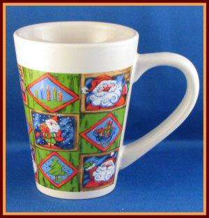  mug features the a white background green, red and blue Christmas 