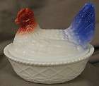 Milk Glass Airbrushed Red & Blue Covered Chicken Dish  