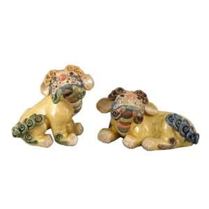  Majolica Pattern Pair Of Foo Dogs Yellow Statue Classical 