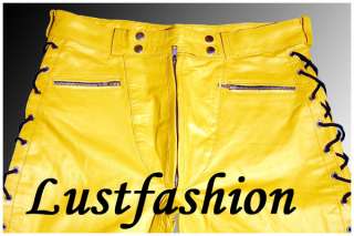 mens leather pants yellow / leather trousers yello, Schnürlederhose 