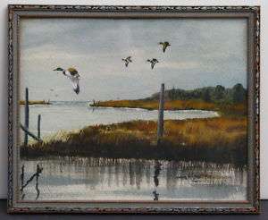 Howard Watercolor Painting Ducks In Flight Marsh  
