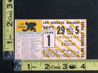 1935 Los Angeles Railway Weekly Pass with Coliseum Football Games 