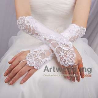 Personalized White Satin Lace Wedding Bridal Wrist Gloves with Pearls 