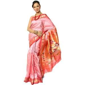 Pink Paithani Sari with Woven Peacocks on Anchal in Zari Thread   Pure 