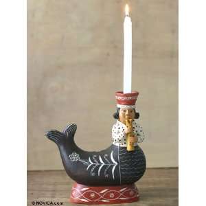  Ceramic candleholder, Andean Mermaid with Flute