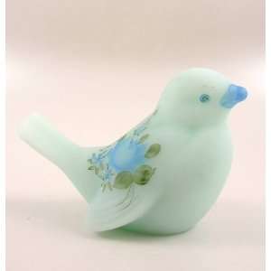  Fenton #5163 HP Blue Roses on Blue Satin Glass Bird Signed 