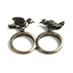  Vintage retro style bronze two birds double finger ring 