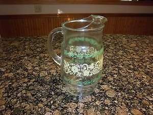 Vintage ~ Green / Yellow Floral on Clear ~ Glass Pitcher  
