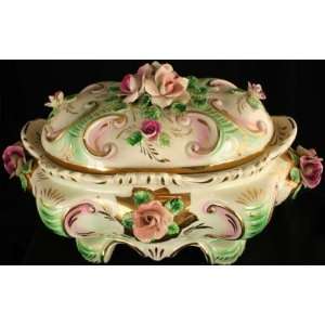  Capo Di Monte Style Soup Tureen Lidded Bowl Roses 