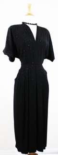FABULOUS VINTAGE 1940s ART DECO STRUCTURED black rayon studded dress 