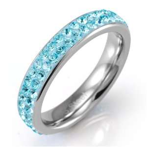   Stainless Steel Pave Aqua Blue Crystal Eternity Band Ring 4 mm, Size 7