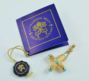 VATICAN LIBRARY COLLECTION 14K GOLD & TURQUOISE CROSSBEAUTIFUL 